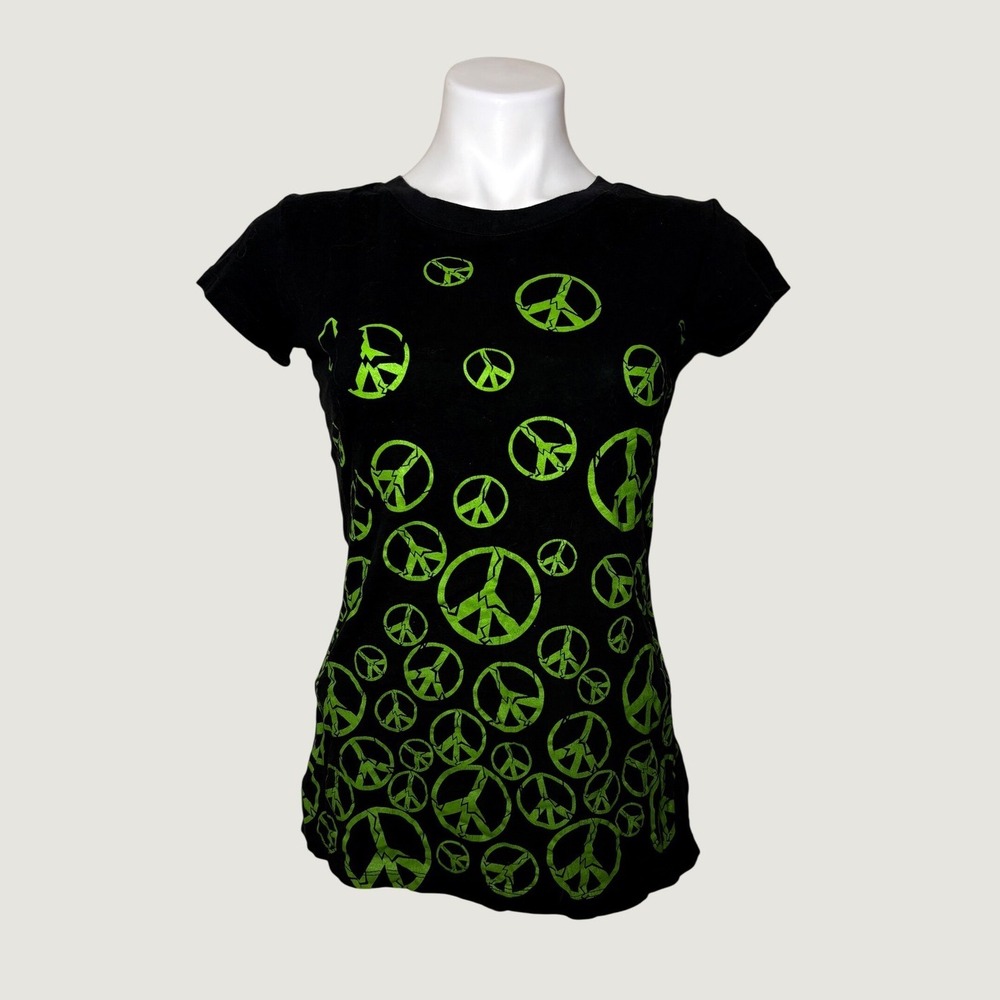 Y2K Piper & Blue Scene Peace Sign Graphic Baby Tee Black Neon Green #15